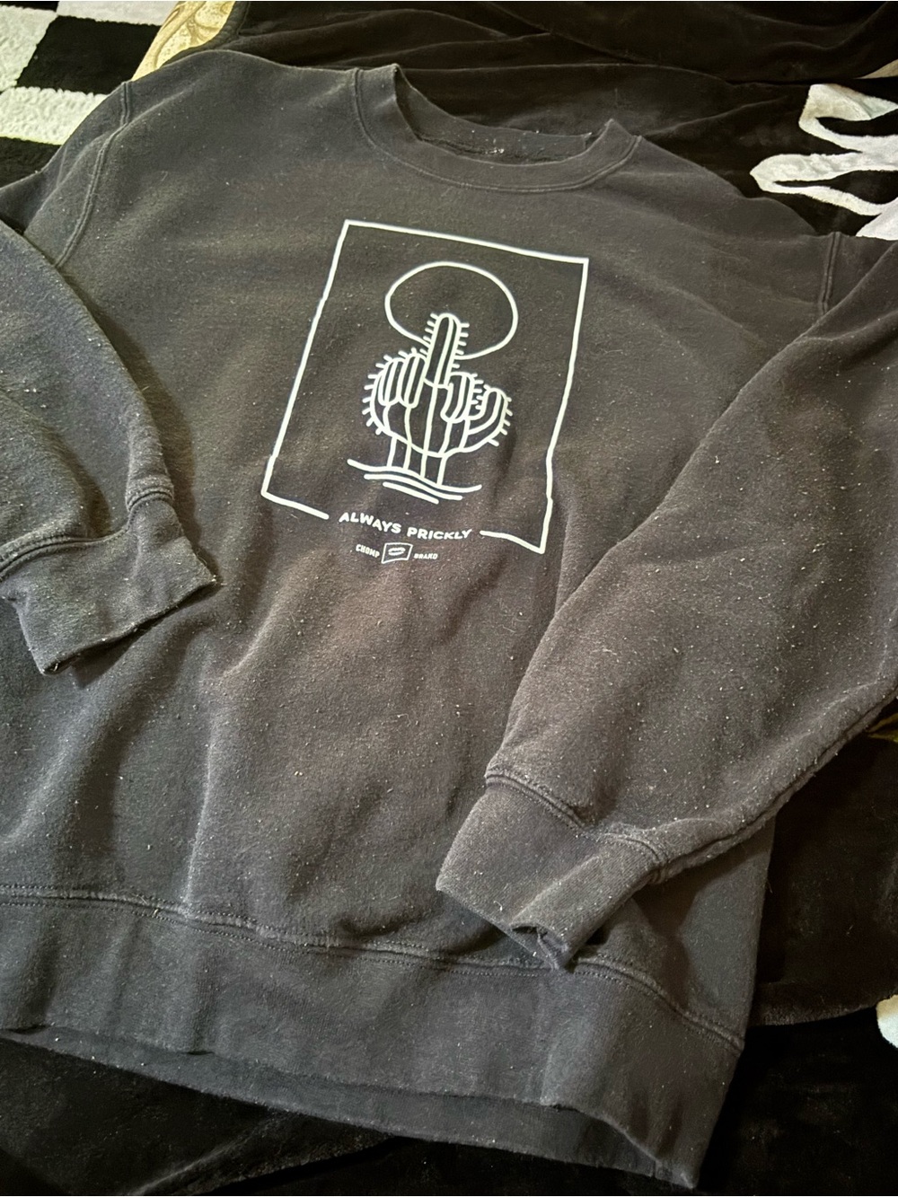 Black Crewneck Sweater with Cactus Graphic